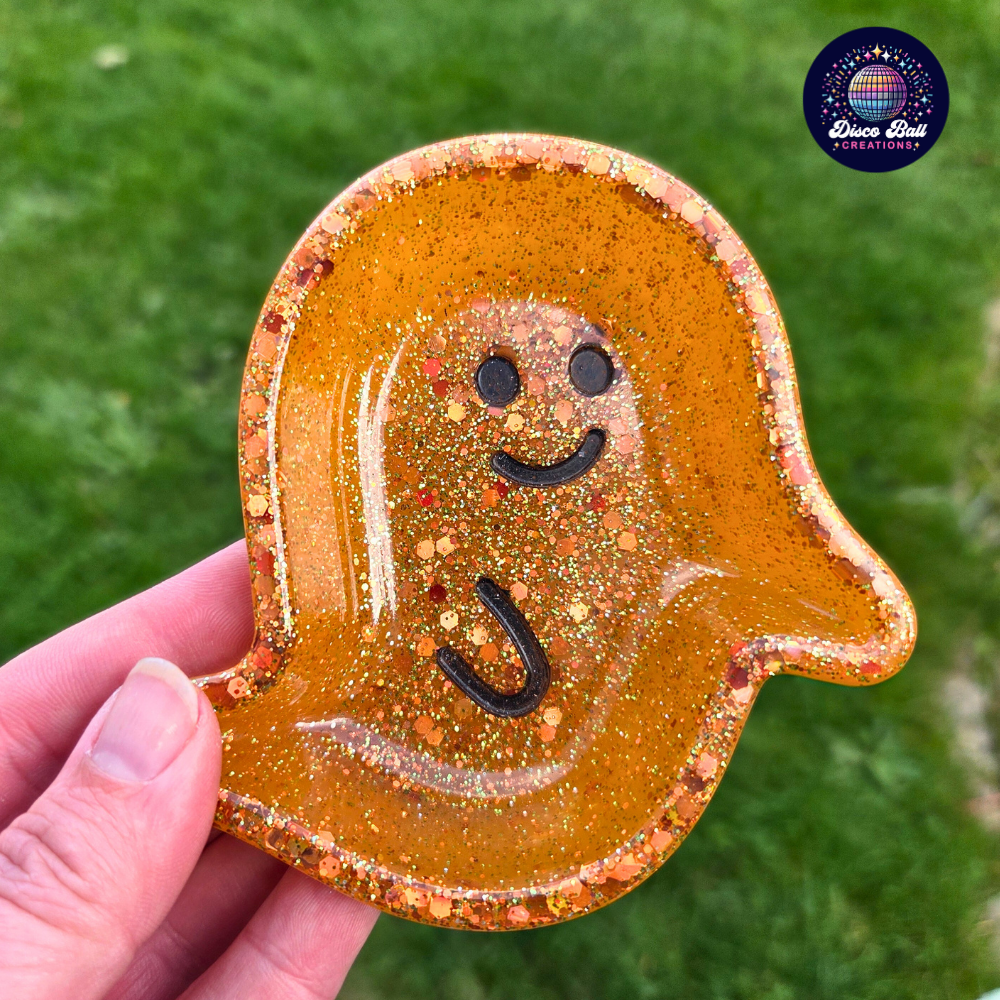 Small Whimsical Glitter Ghost Trinket Dish - Happy Ghost Desk Décor