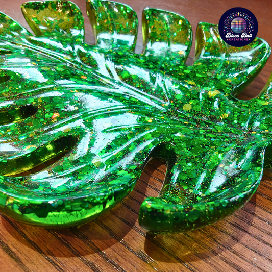 Green Glitter Monstera Leaf Tray | Resin Jewellery Dish & Catchall