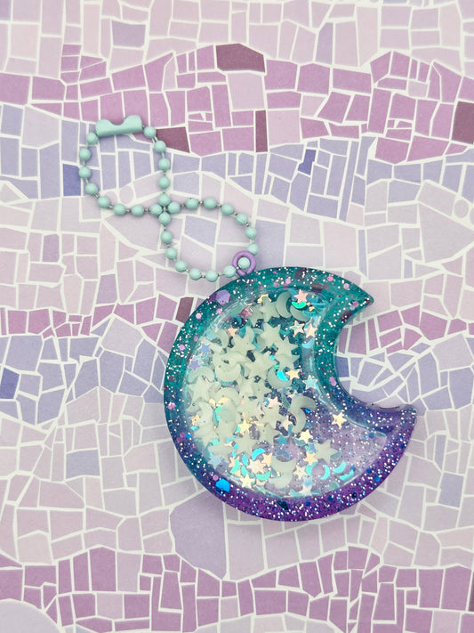Celestial Glitter Moon Keychain – Handcrafted Starry Charm for Cosmic Lovers