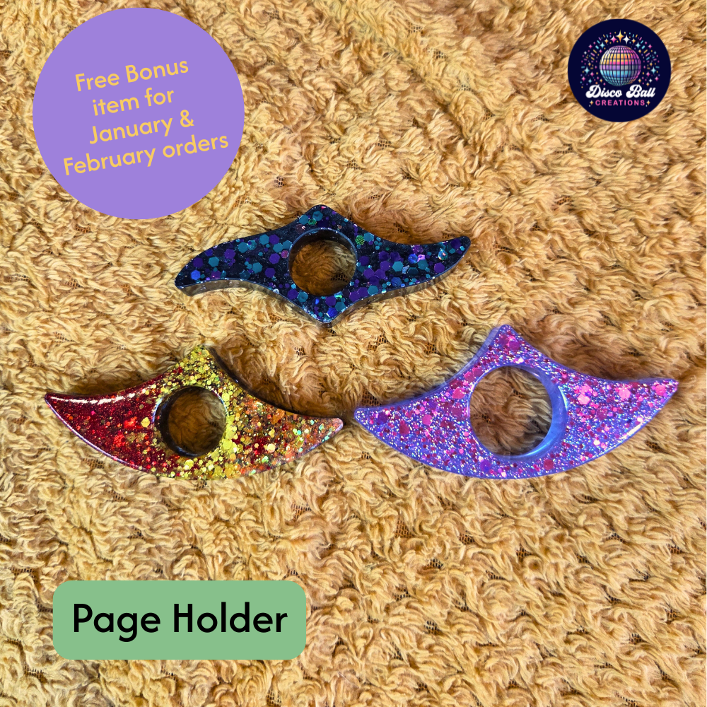 Colorful decorative page holders on a textured surface with promotional text overlay.