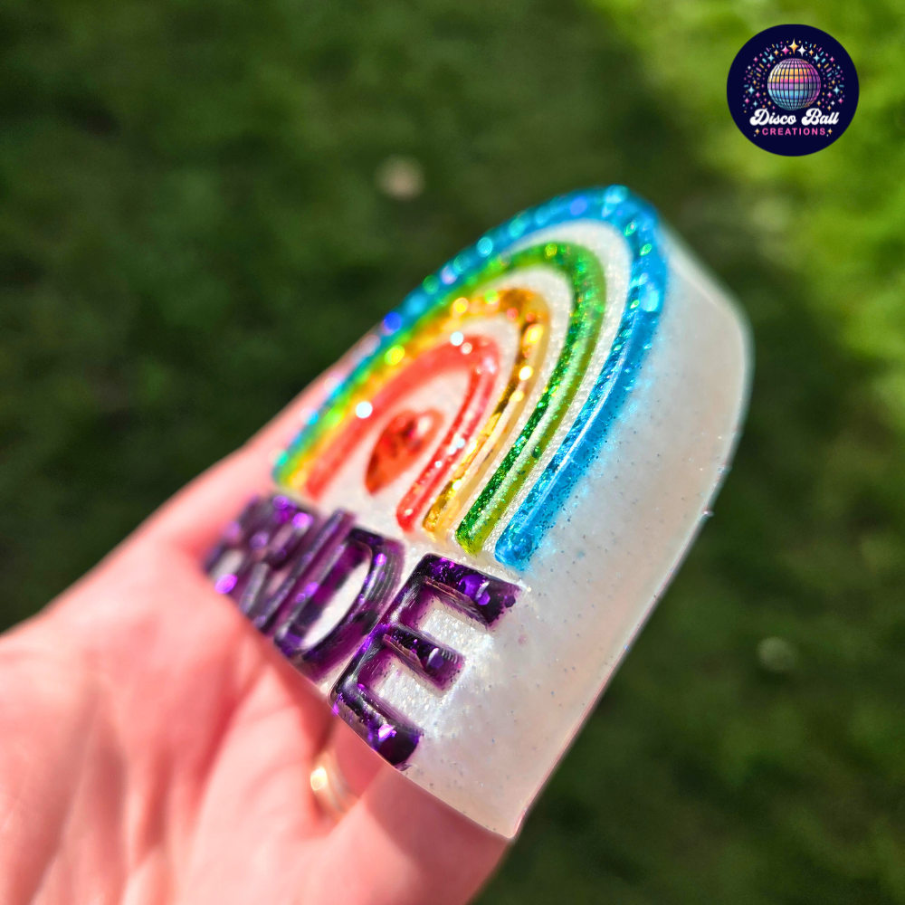 Handmade Glitter Pride Sign - Rainbow Resin Shelf - Sparkly Desk Décor - Unique LGBTQ+ Gift
