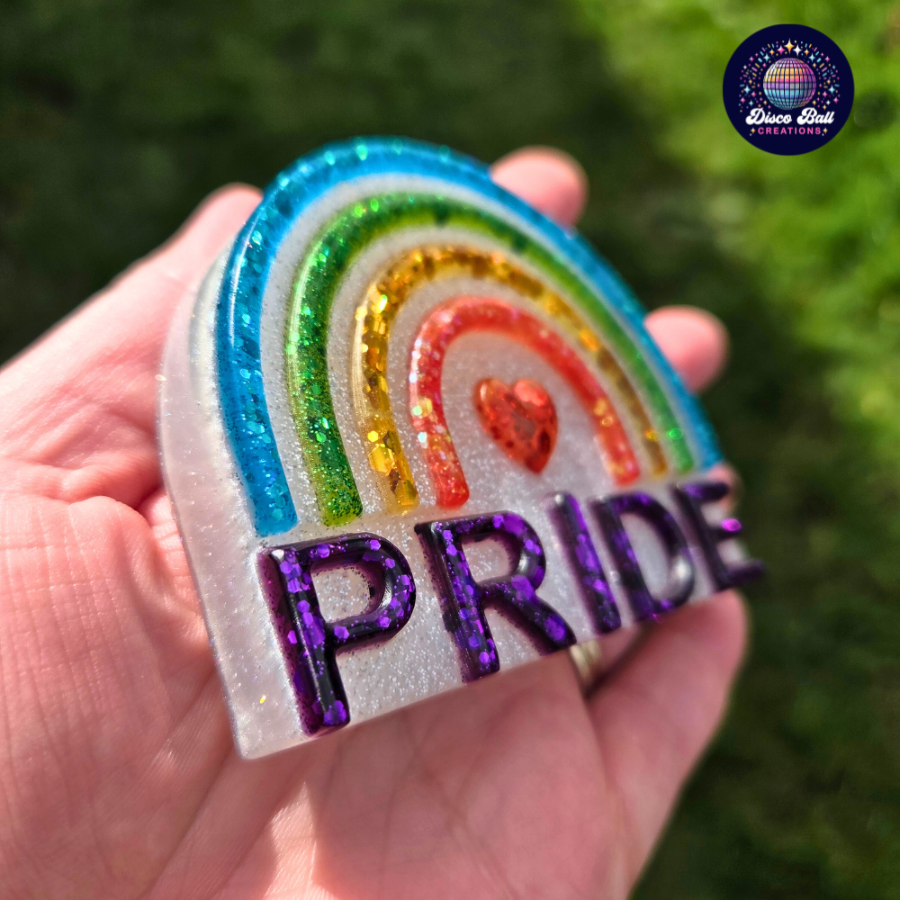 Handmade Glitter Pride Sign - Rainbow Resin Shelf - Sparkly Desk Décor - Unique LGBTQ+ Gift