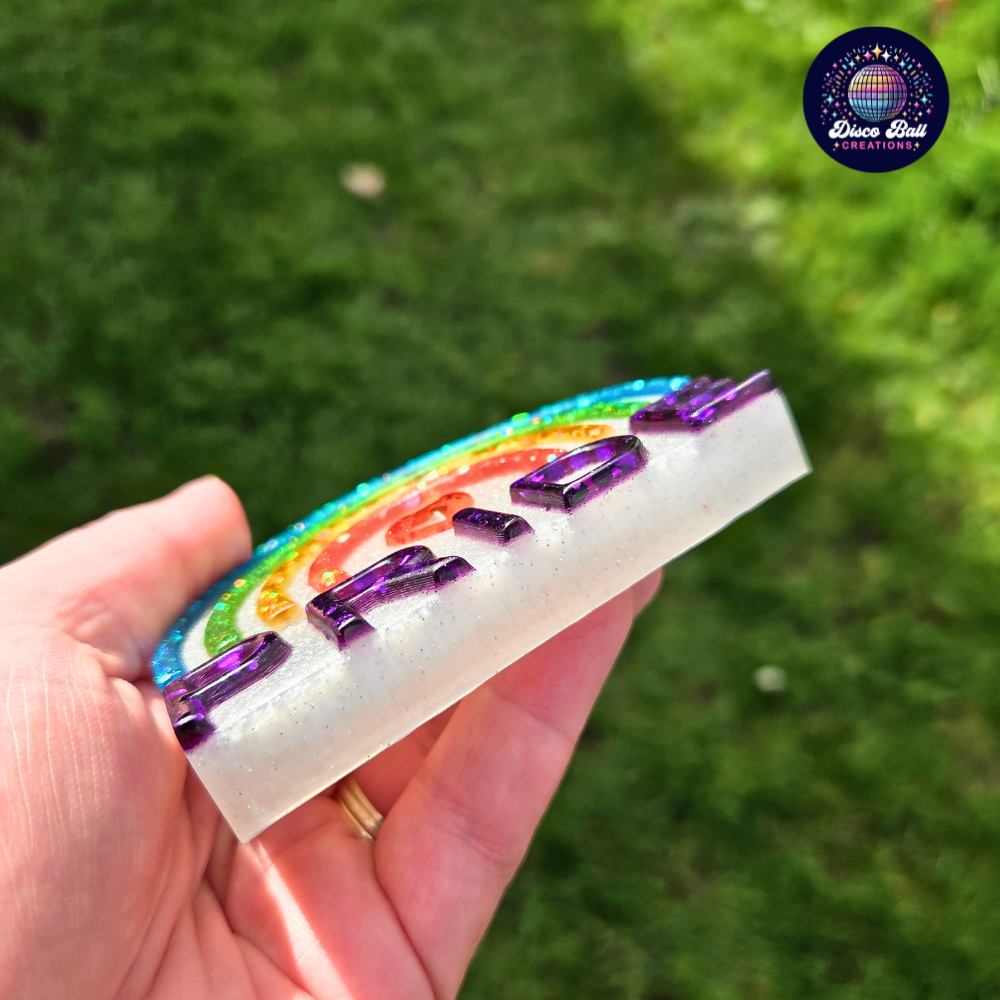 Handmade Glitter Pride Sign - Rainbow Resin Shelf - Sparkly Desk Décor - Unique LGBTQ+ Gift