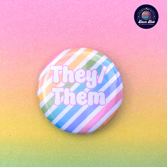 Rainbow Stripe Pronoun Button Badge - 32mm Pride Flag Pin - She Her He Him They Them Xe Ze Fae - LGBTQ+ Identity Accessory