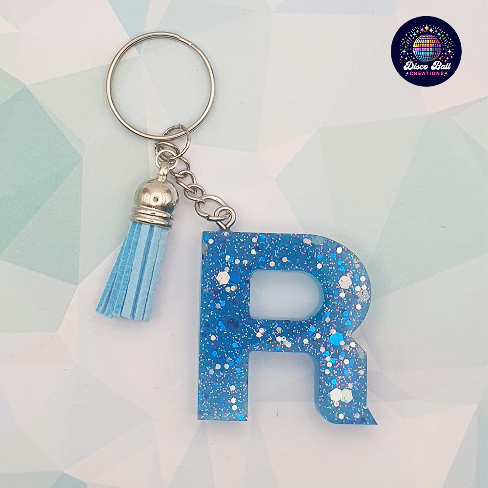 Glitter Resin Initial Keyring A–F | Personalised Letter Keychain with Charm | Handmade Gift