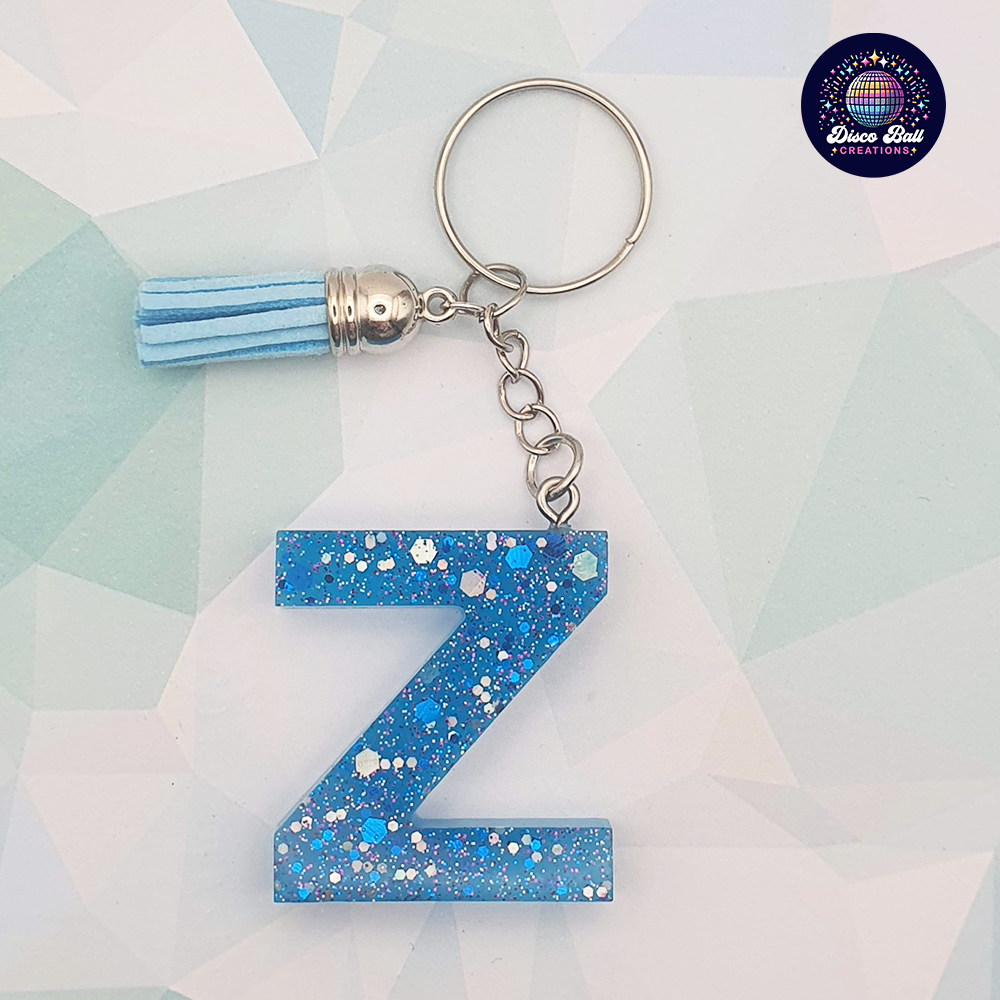 Glitter Resin Initial Keyring A–F | Personalised Letter Keychain with Charm | Handmade Gift