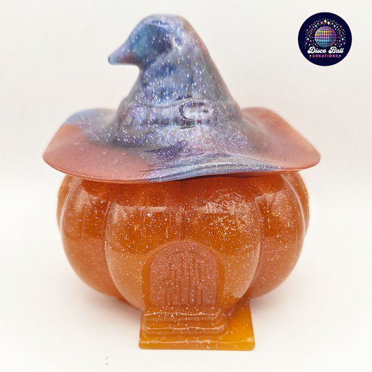 Enchanted Pumpkin Pot with Witch Hat | Glitter Resin Halloween Decor | Unique Trinket Jar