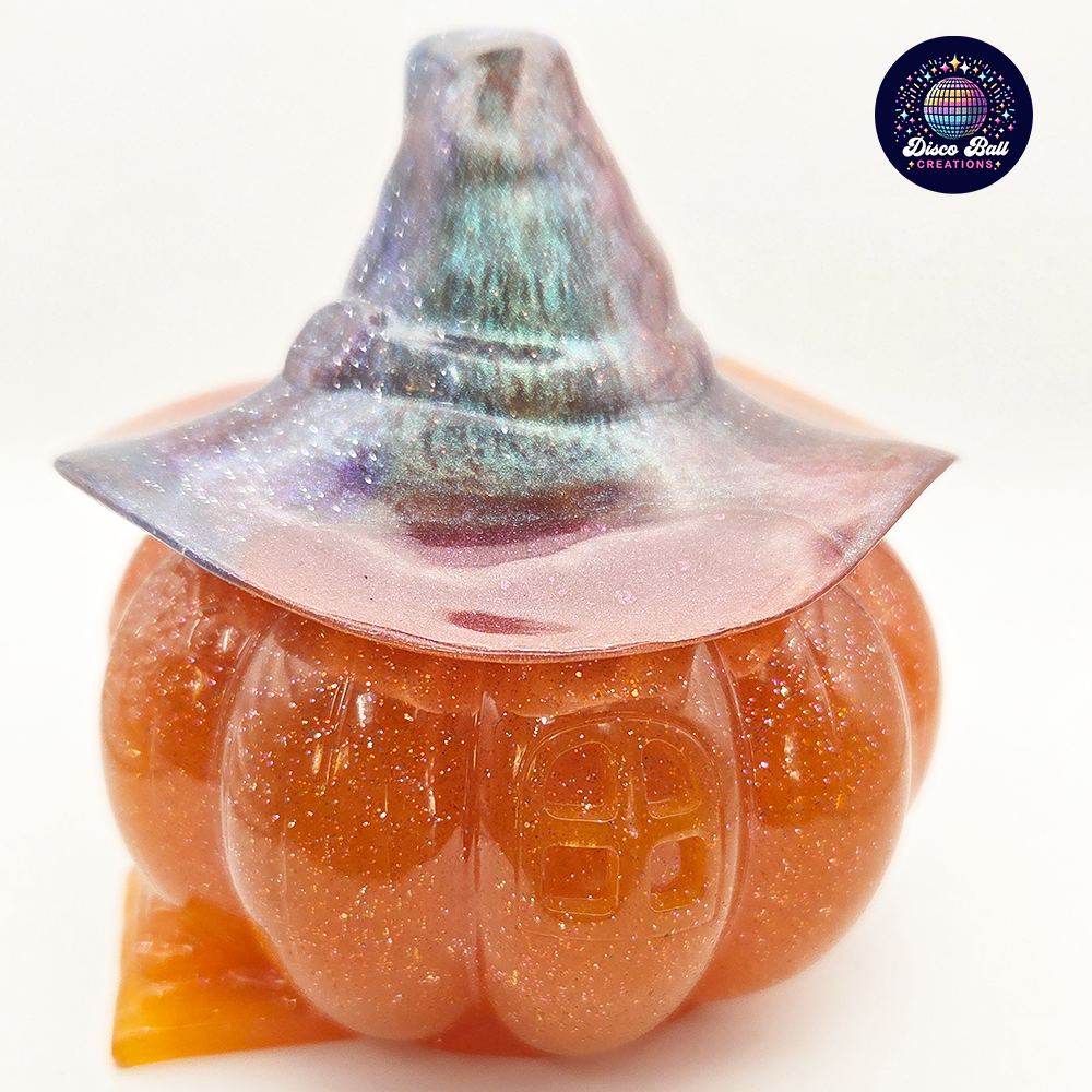 Enchanted Pumpkin Pot with Witch Hat | Glitter Resin Halloween Decor | Unique Trinket Jar