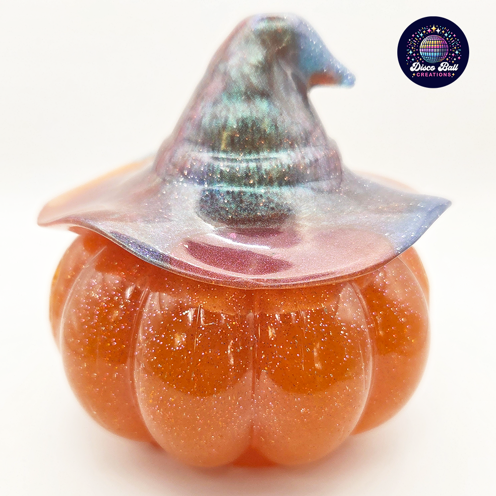 Enchanted Pumpkin Pot with Witch Hat | Glitter Resin Halloween Decor | Unique Trinket Jar