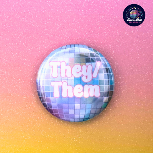 Disco Ball Pronoun Button Badge - 32mm Retro Sparkle Pin - She Her He Him They Them Xe Ze Fae - LGBTQ+ Pride Accessory