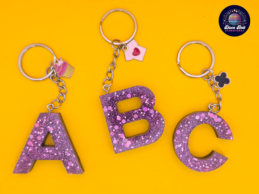 Glitter Resin Initial Keyring A–F | Personalised Letter Keychain with Charm | Handmade Gift