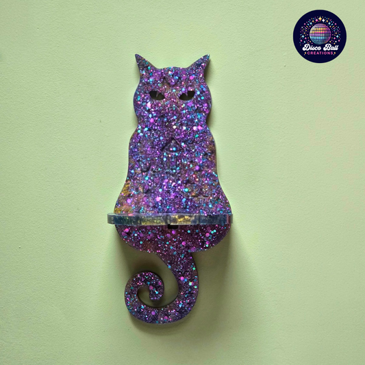 Glitter Cat Wall Shelf | Unique Purple Resin Decor | Handmade Cat Lover Gift