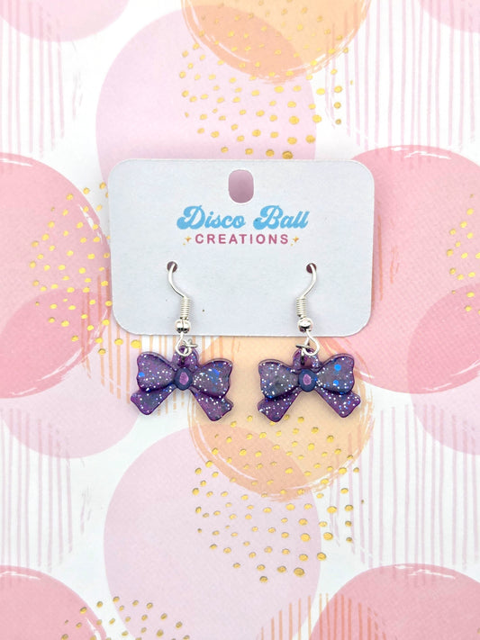 ✨ Handmade Glittery Purple Bow Earrings – Sparkly Statement Jewellery by Disco Ball Creations ✨